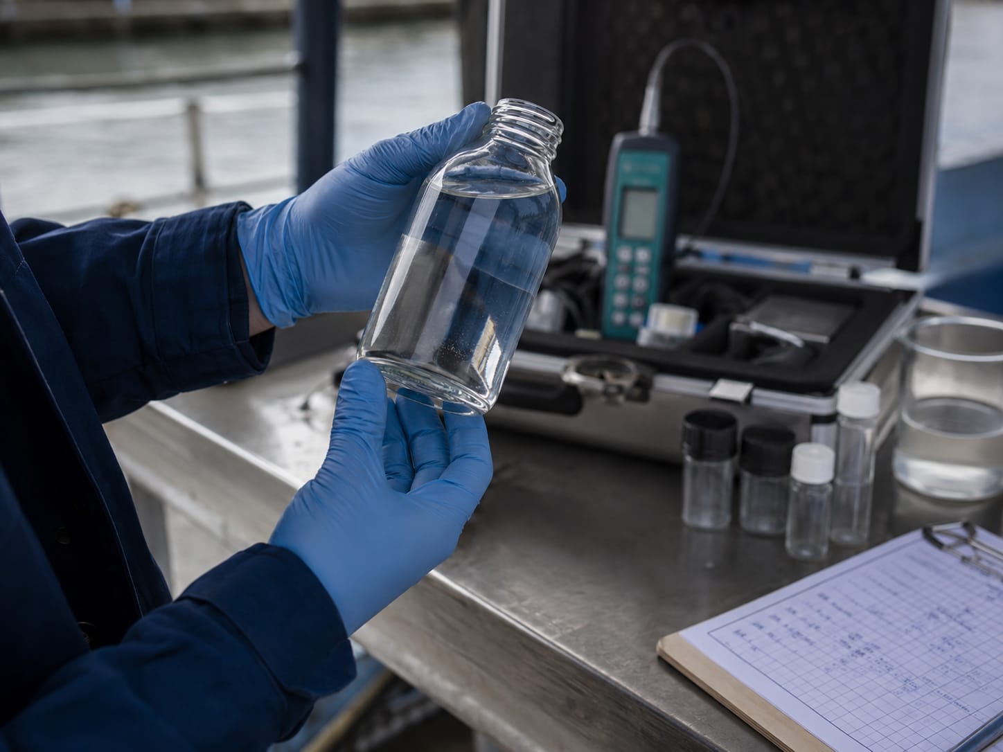 Toma de muestra de agua en terreno, con kit portátil de análisis