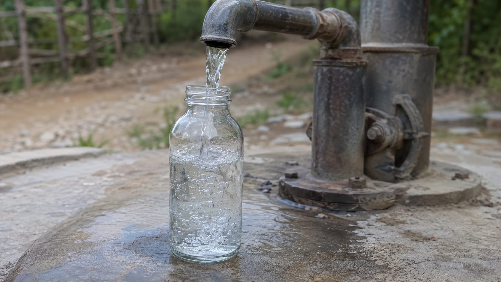 Muestra de agua llenándose en un frasco de vidrio junto a una llave de pozo