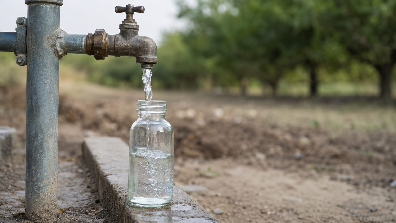 Muestra de agua llenándose en un frasco junto a una llave de riego