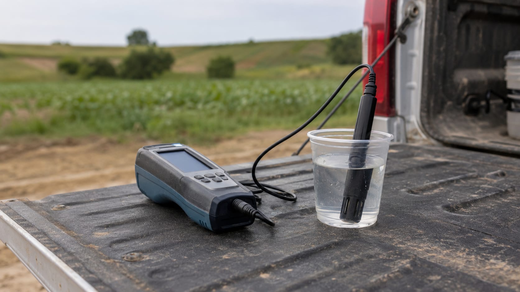 Medidor portátil de calidad de agua con sonda en una muestra, sobre la pila de una camioneta