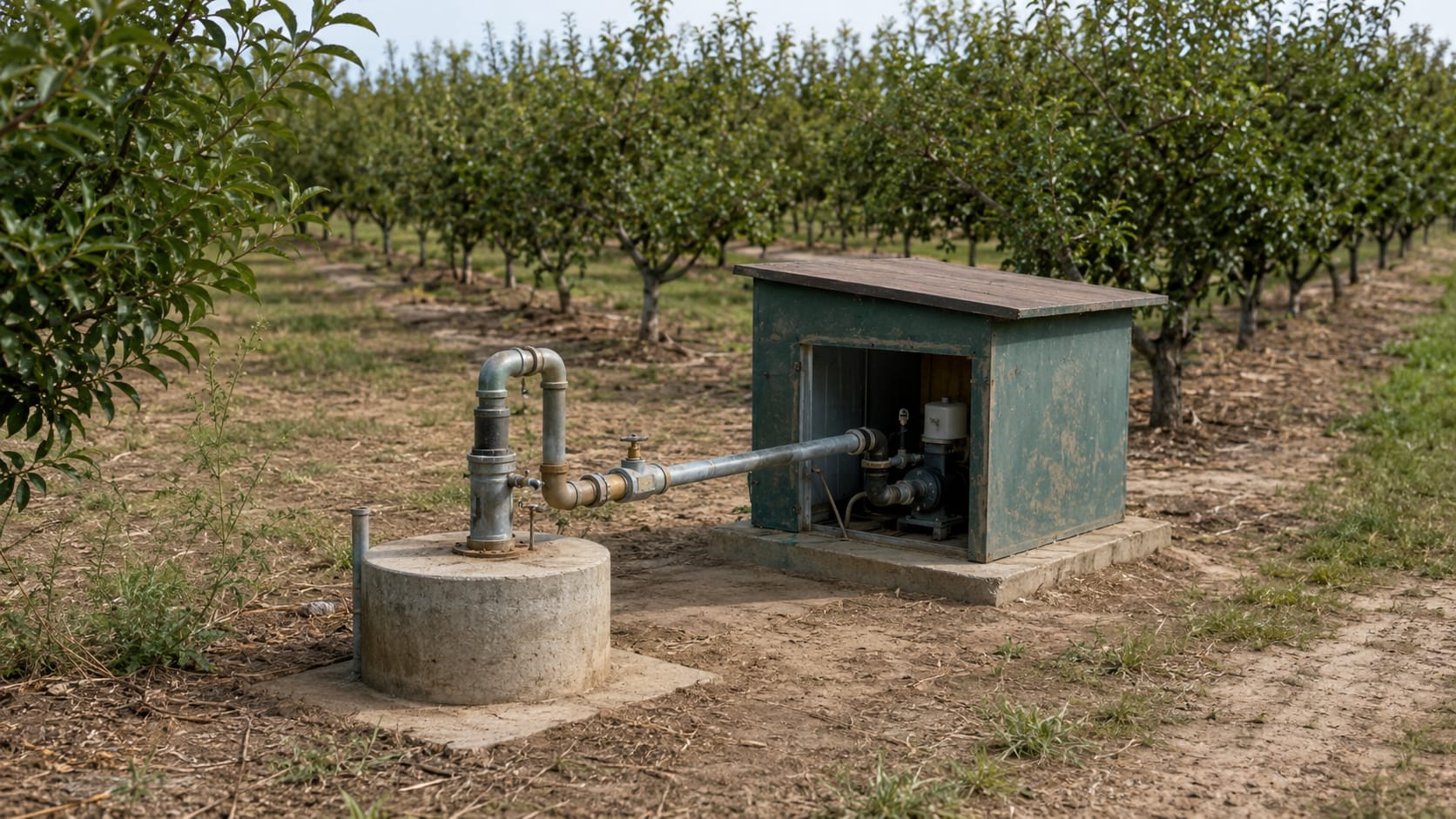 Cabezal de pozo rural junto a un huerto