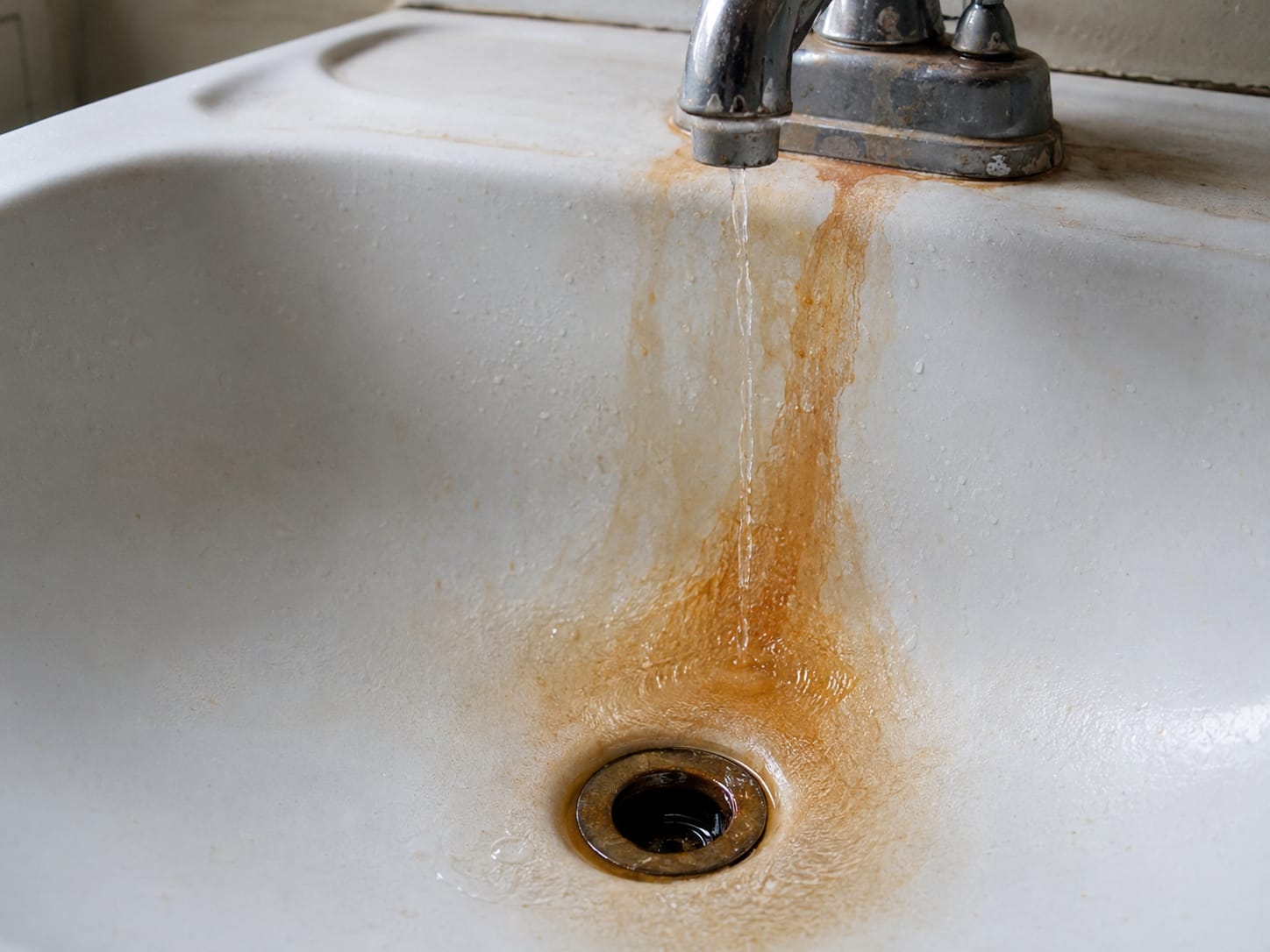 Agua con tinte café oxidado cayendo de una llave antigua sobre un lavamanos manchado