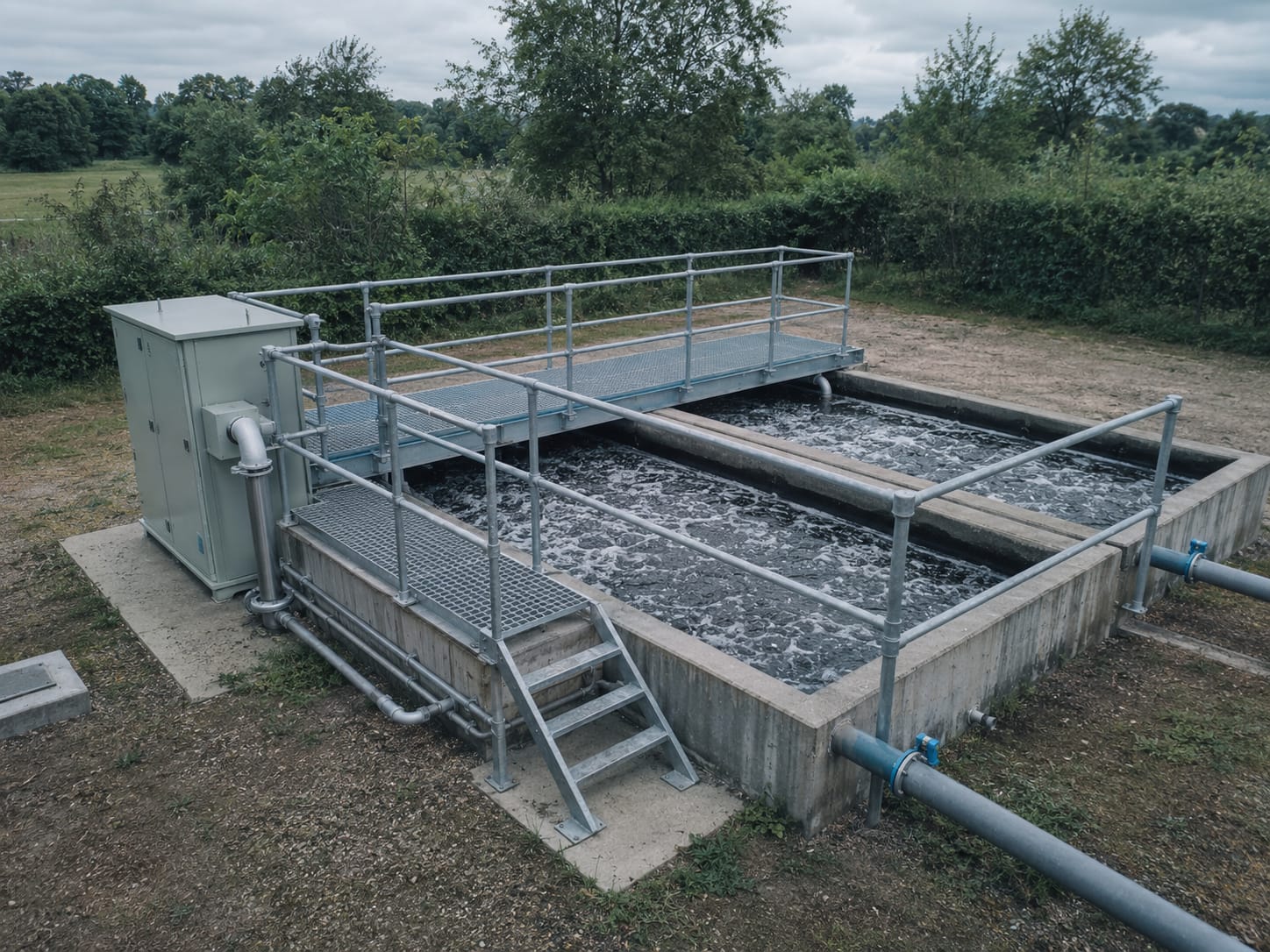 Planta pequeña de tratamiento de aguas servidas con estanque de aireación