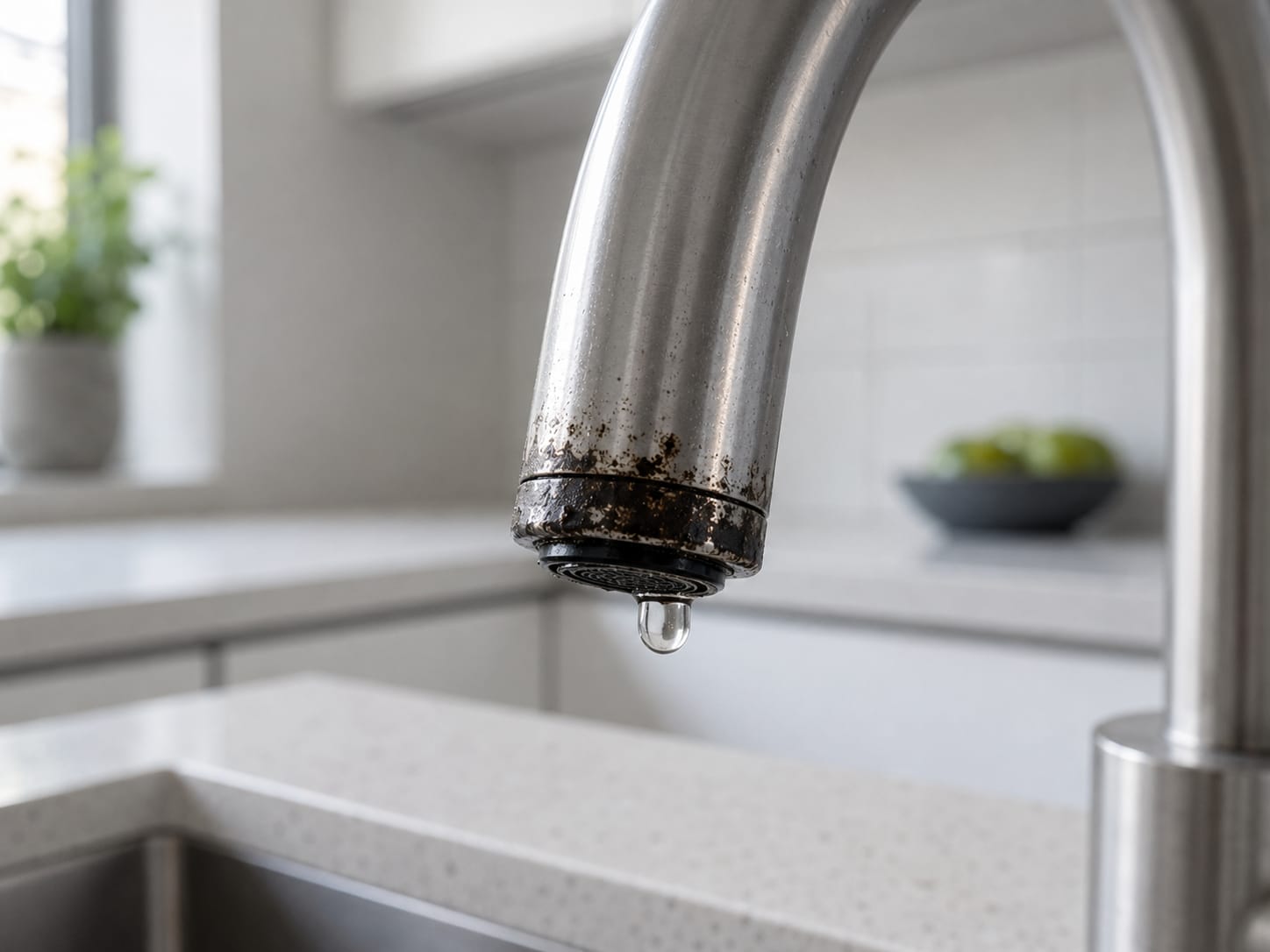 Grifería de cocina con corrosión oscura por sulfuro de hidrógeno