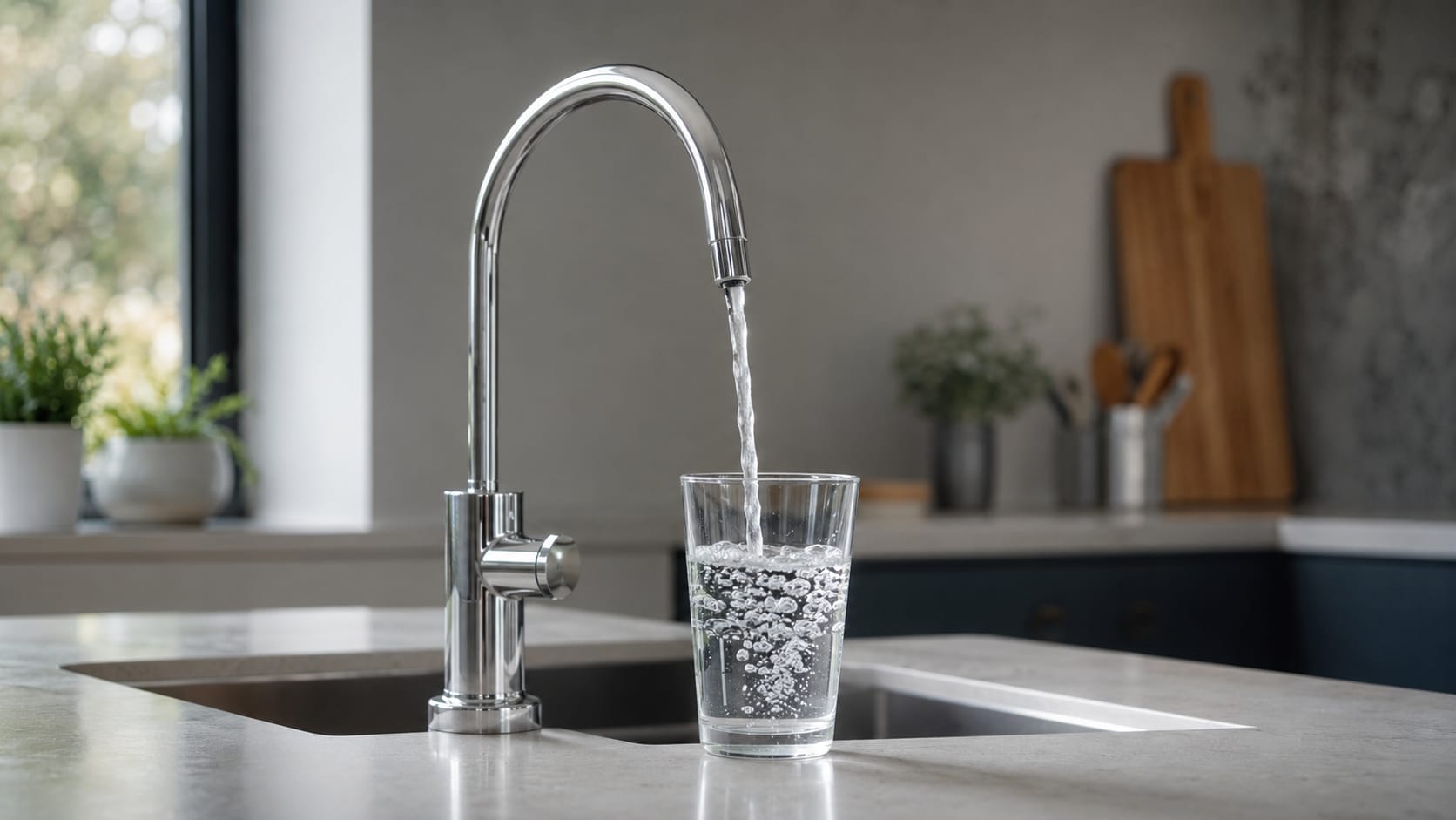 Vaso de agua llenándose desde una llave de cocina