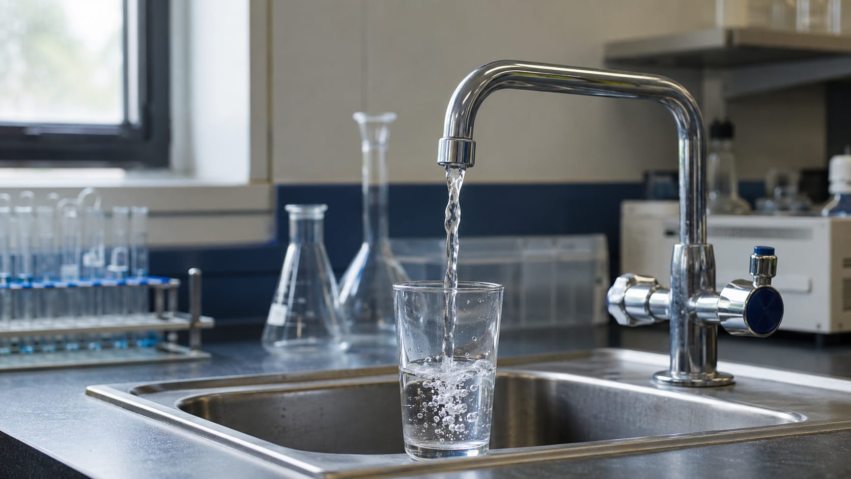 Vaso de agua junto a un contexto de laboratorio