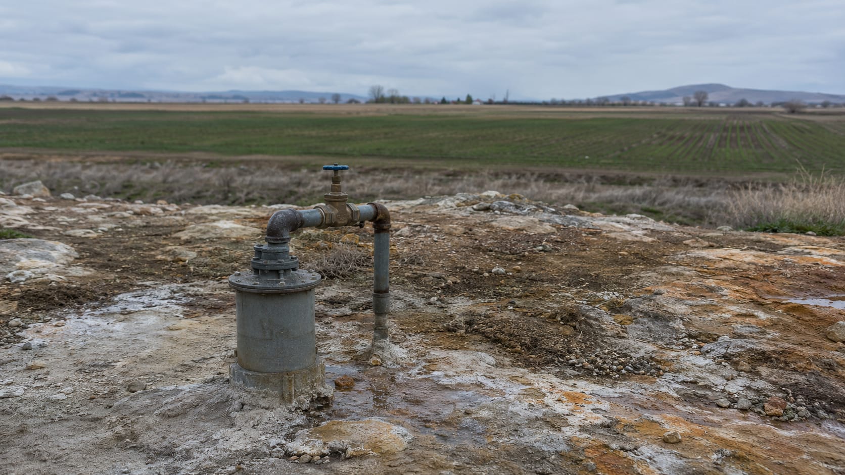 Cabezal de pozo rural junto a suelo con vetas minerales y campo agrícola de fondo