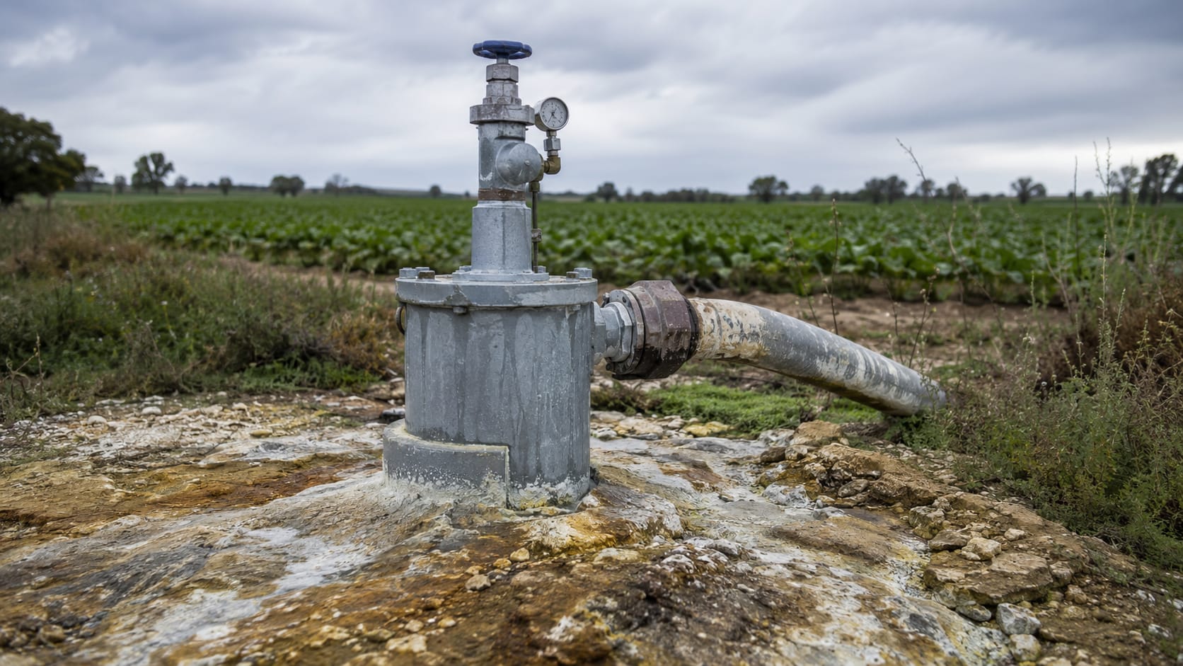 Detalle de suelo con vetas minerales junto a un pozo rural